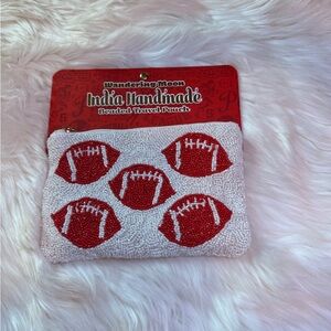 Wandering Moon India handmade red and white beaded football travel pouch NWT.